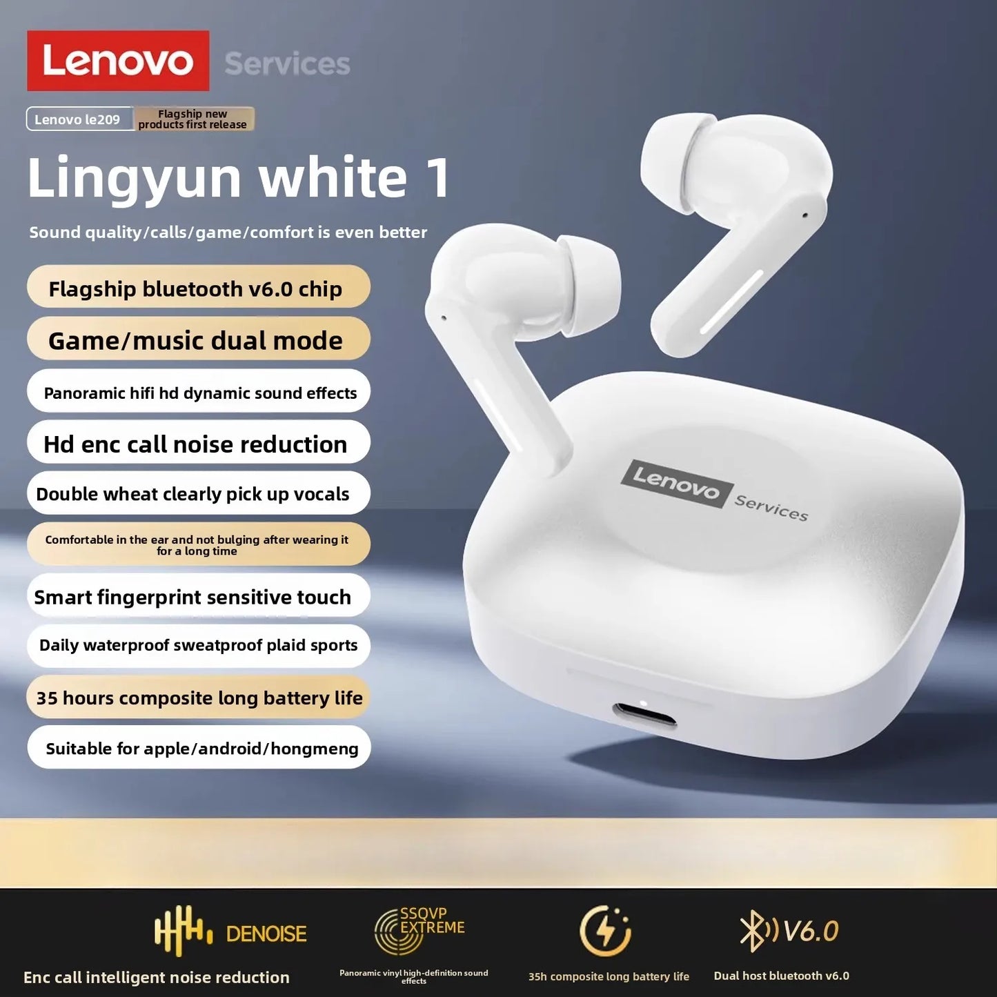 Lenovo LE209 Bluetooth 6.0 Earbuds 🎧 Hi-Fi Stereo | Noise-Cancelling TWS Headset