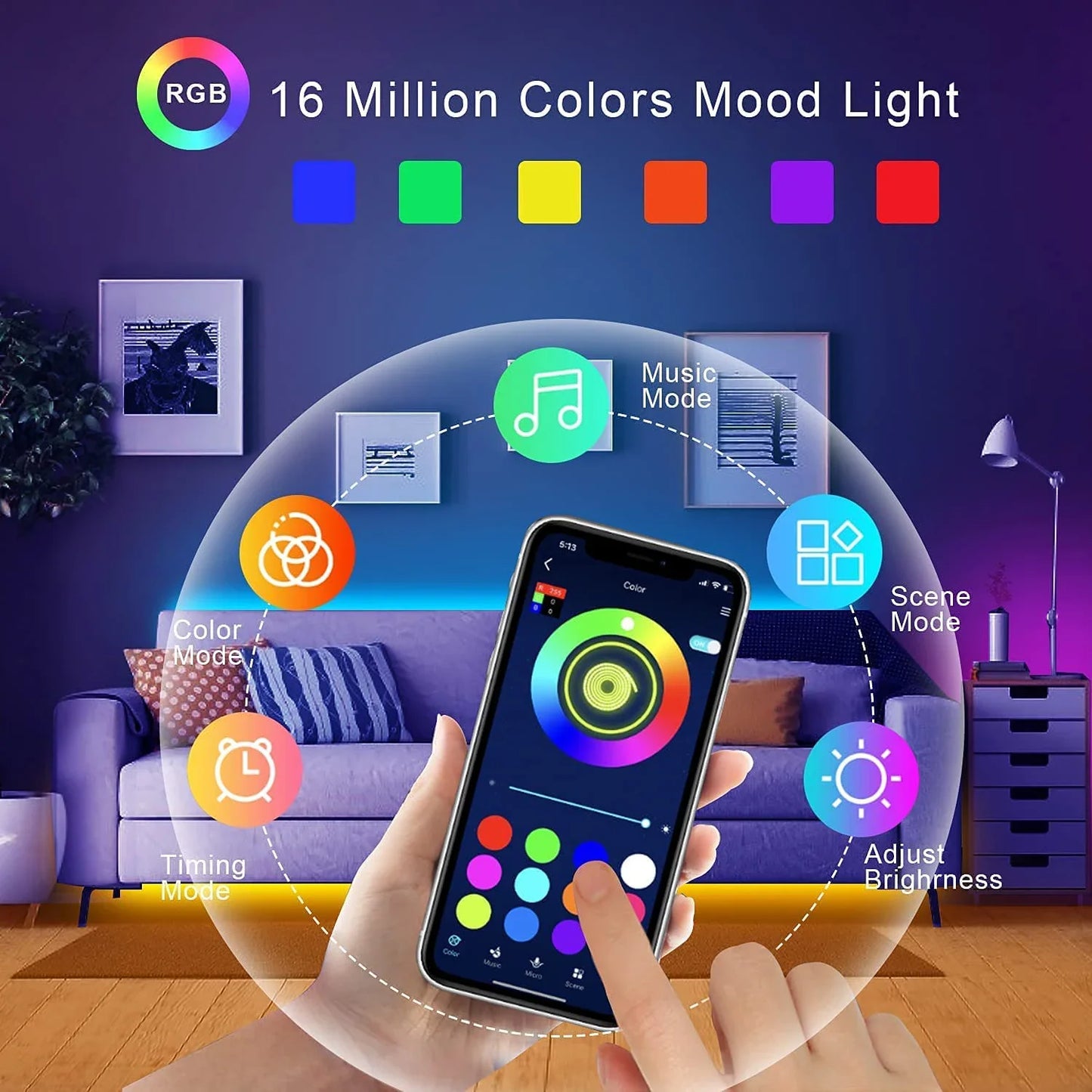 RGB LED Strip Lights – 5‑30m, App-Controlled, Multi-Color Mood Lighting ✨