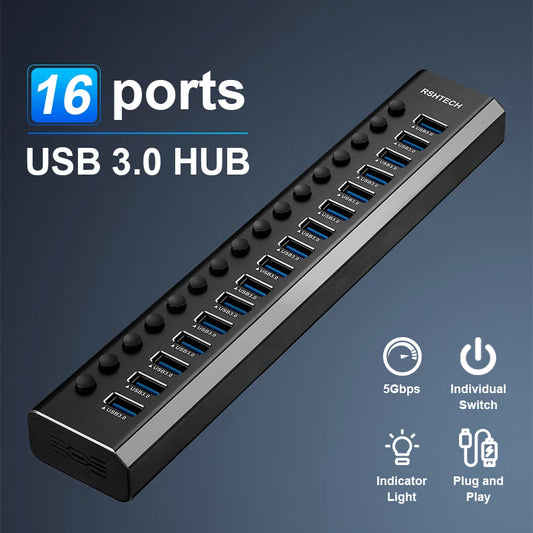 🔌💻 RSHTECH USB 3.0 Hub | 10/16-Port Powered Switch