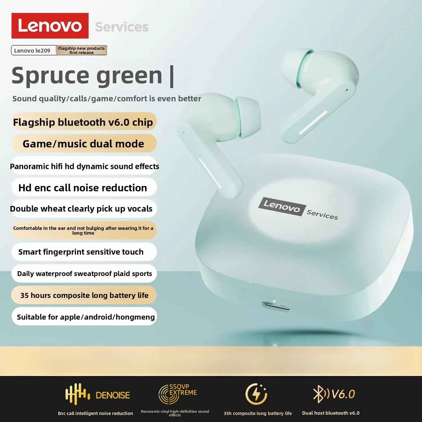 Lenovo LE209 Bluetooth 6.0 Earbuds 🎧 Hi-Fi Stereo | Noise-Cancelling TWS Headset