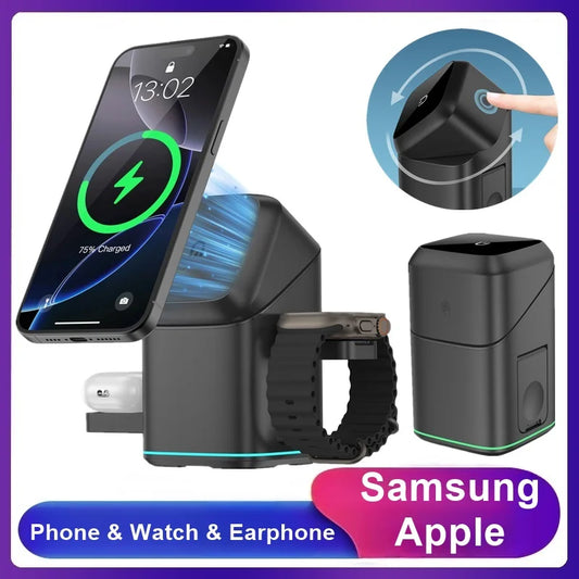 🔋 Magnetic 3-in-1 Wireless Charging Dock – Rotating Charger for iPhone, Samsung Phones, Watch & Earbuds
