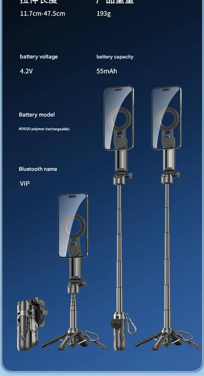 📱✨ Upgraded Foldable Magnetic Phone Holder & Selfie Stick | 360° Rotation Tripod with Remote