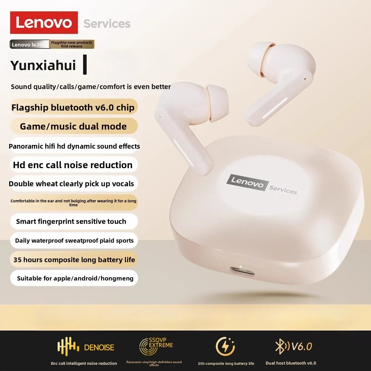 Lenovo LE209 Bluetooth 6.0 Earbuds 🎧 Hi-Fi Stereo | Noise-Cancelling TWS Headset