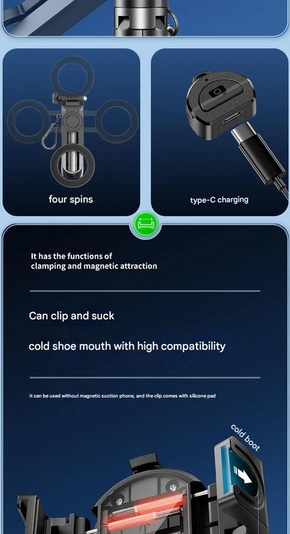 📱✨ Upgraded Foldable Magnetic Phone Holder & Selfie Stick | 360° Rotation Tripod with Remote