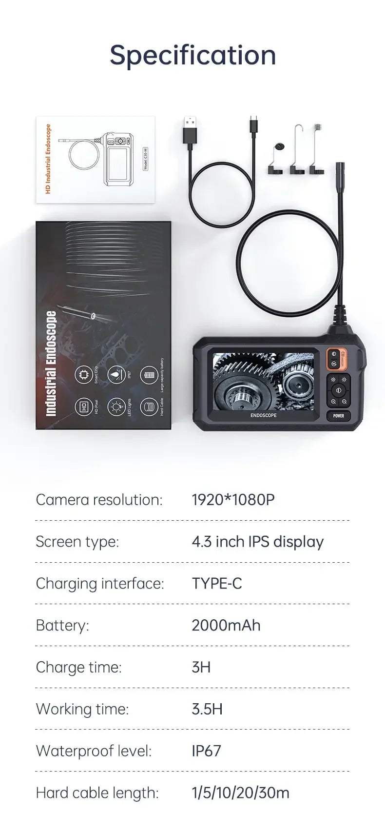 🔍 Industrial Endoscope Camera 8mm 📱 4.3" IPS | 1080P HD Pipe Camera 🚗