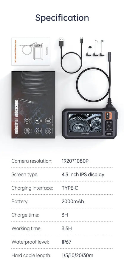 🔍 Industrial Endoscope Camera 8mm 📱 4.3" IPS | 1080P HD Pipe Camera 🚗