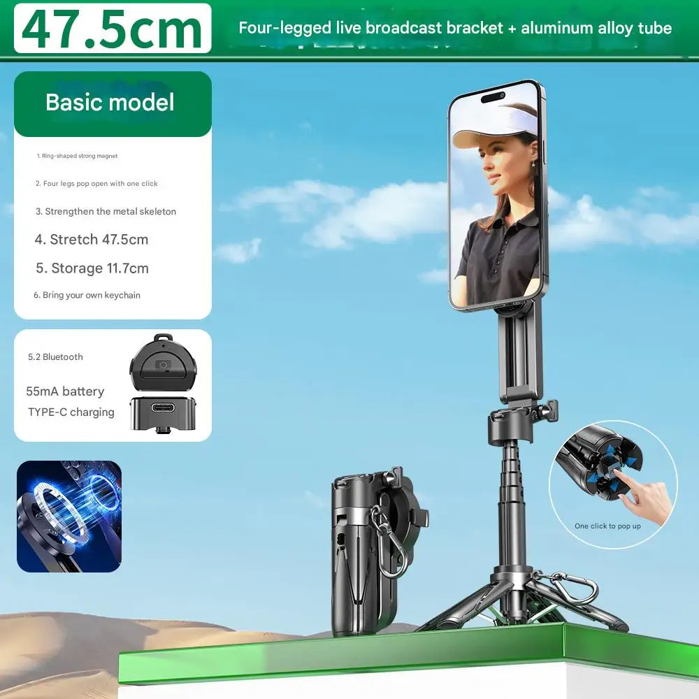 📱✨ Upgraded Foldable Magnetic Phone Holder & Selfie Stick | 360° Rotation Tripod with Remote