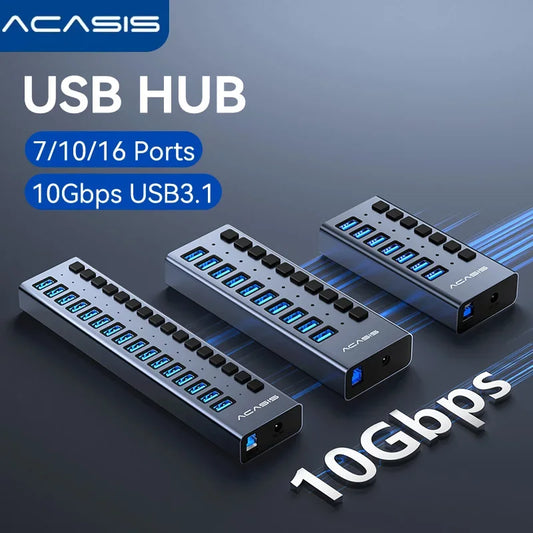 ACASIS USB 3.1 Hub 16/10/7 Port 10Gbps High-Speed Splitter with Individual Power Switch – LED Indicator for Desktop & MacBook Pro