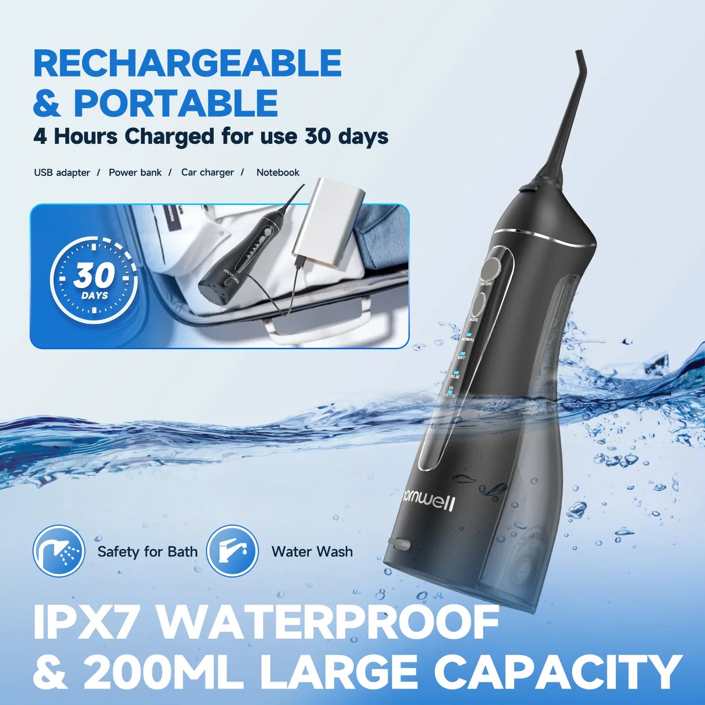 Marnell F18 Portable Water Flosser 💧 USB Rechargeable | 4 Nozzles & 200ml Tank