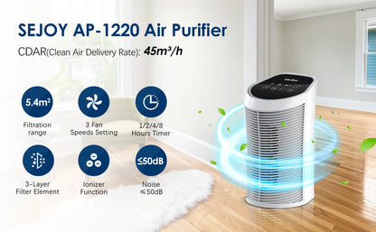 🌬️ Sejoy Air Purifier | HEPA Filter | Ionizer | 3-Speed Quiet Cleaner for Bedroom & Pets