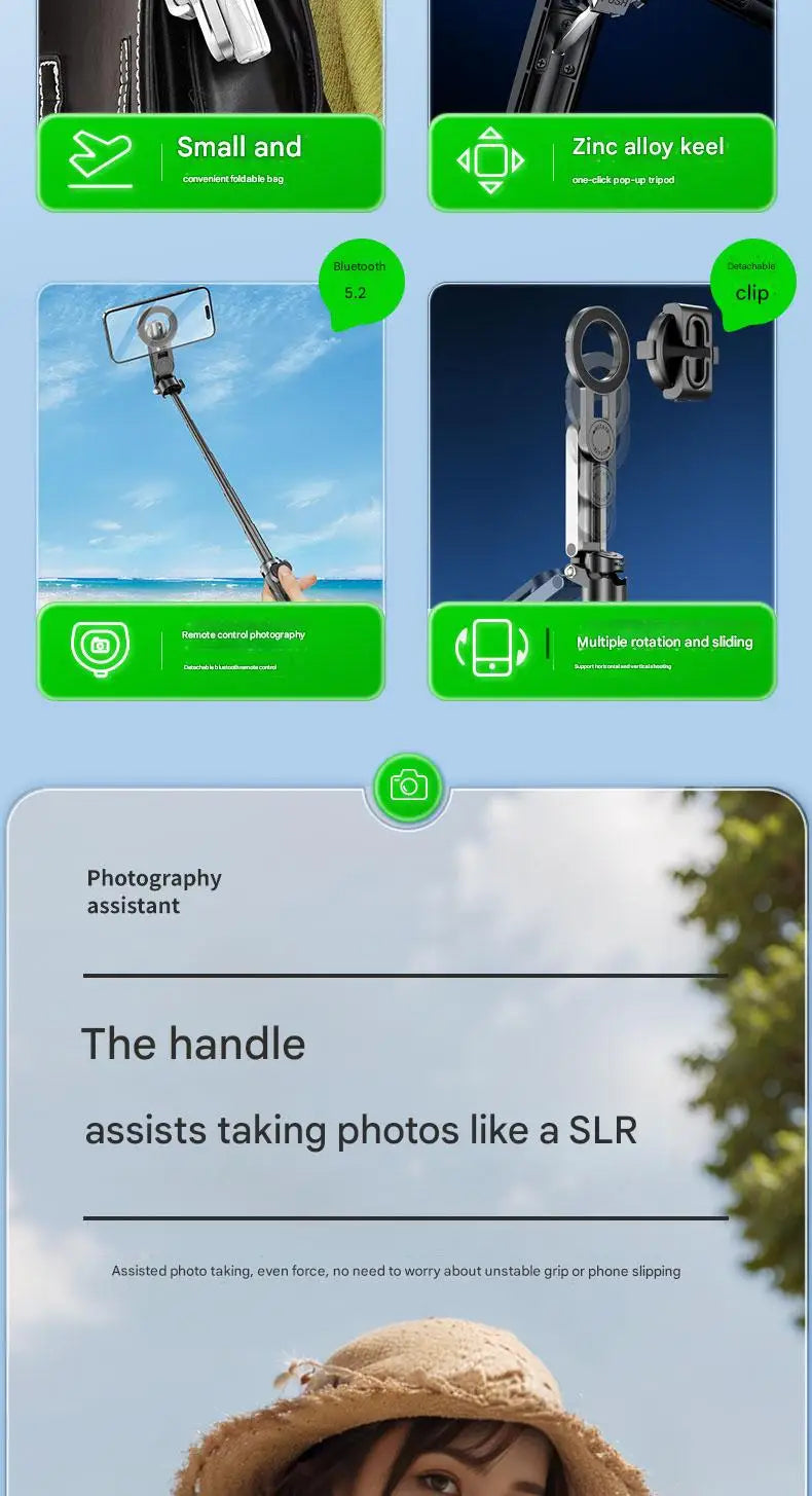 📱✨ Upgraded Foldable Magnetic Phone Holder & Selfie Stick | 360° Rotation Tripod with Remote